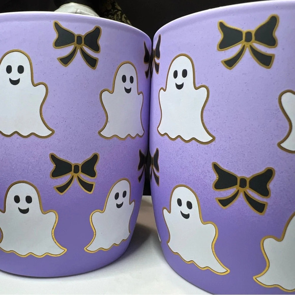 Cobwebs & Cauldrons Halloween Purple Ombre White Ghost Black Bow Coffee Mugs - Picture 11 of 12